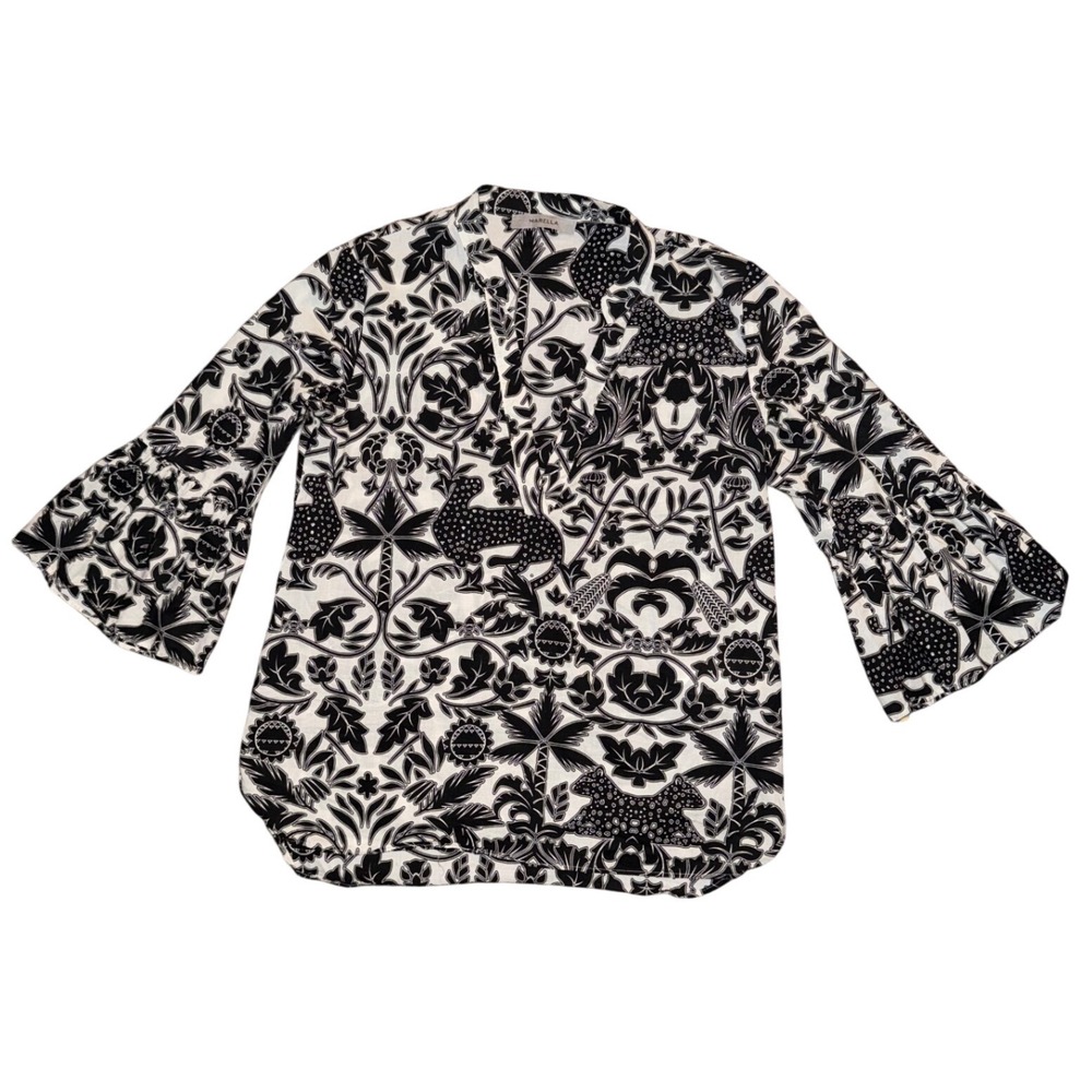 Marella Womens Black White Leopard Palm Print Cotton Bell Sleeve Blouse Size 6